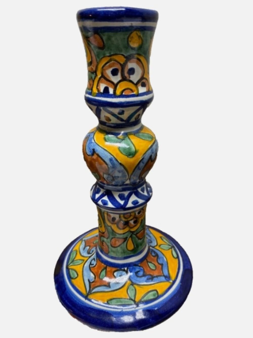 Vintage Mexican Talavera Ceramic Pottery CANDLESTICK 7.5" Mexico Blue Gold
